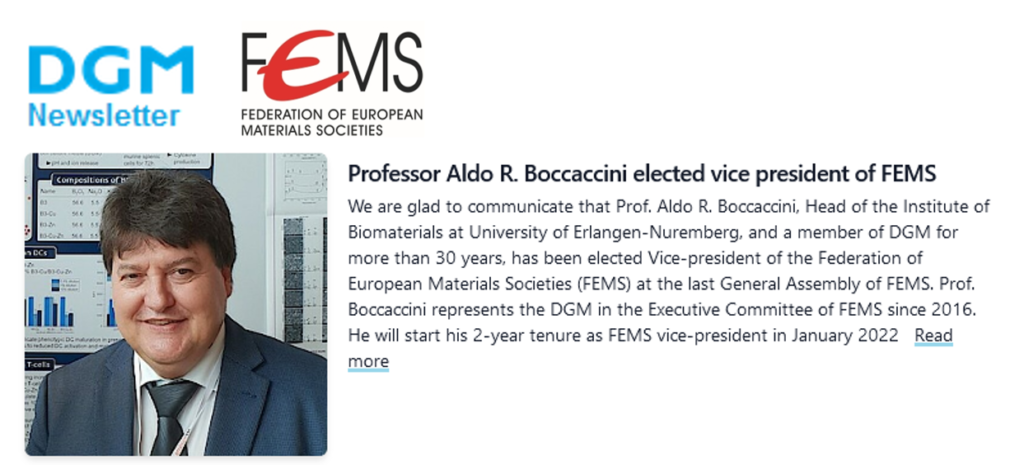 Prof Aldo R Boccaccini Elected Vice President Of Fems Institute Of