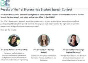 A slide titled "Results of the 1st Bioceramics Student Speech Contest", with the 3 winners faces on it, including Marcela.