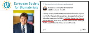 Capture from the European Society for Biomaterials newsletter with the congratulation message