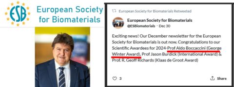 Capture from the European Society for Biomaterials newsletter with the congratulation message